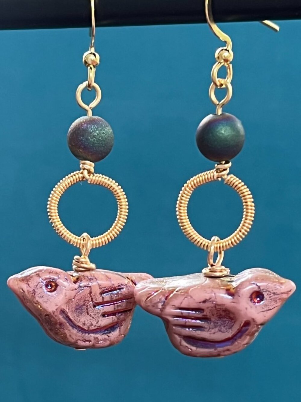 Bird Dangle Earrings | Czech Glass & Druzy Agate | Wire Wrapped